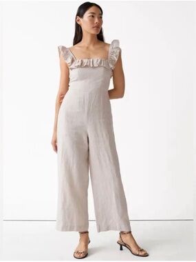 & Other Stories Neutral Ruffle-Neck Wide-Leg Linen Jumpsuit